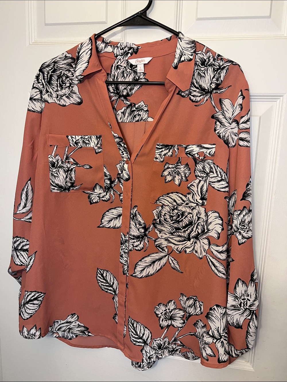 Candie's Rust Floral Button-Front Shirt with Black & White Print